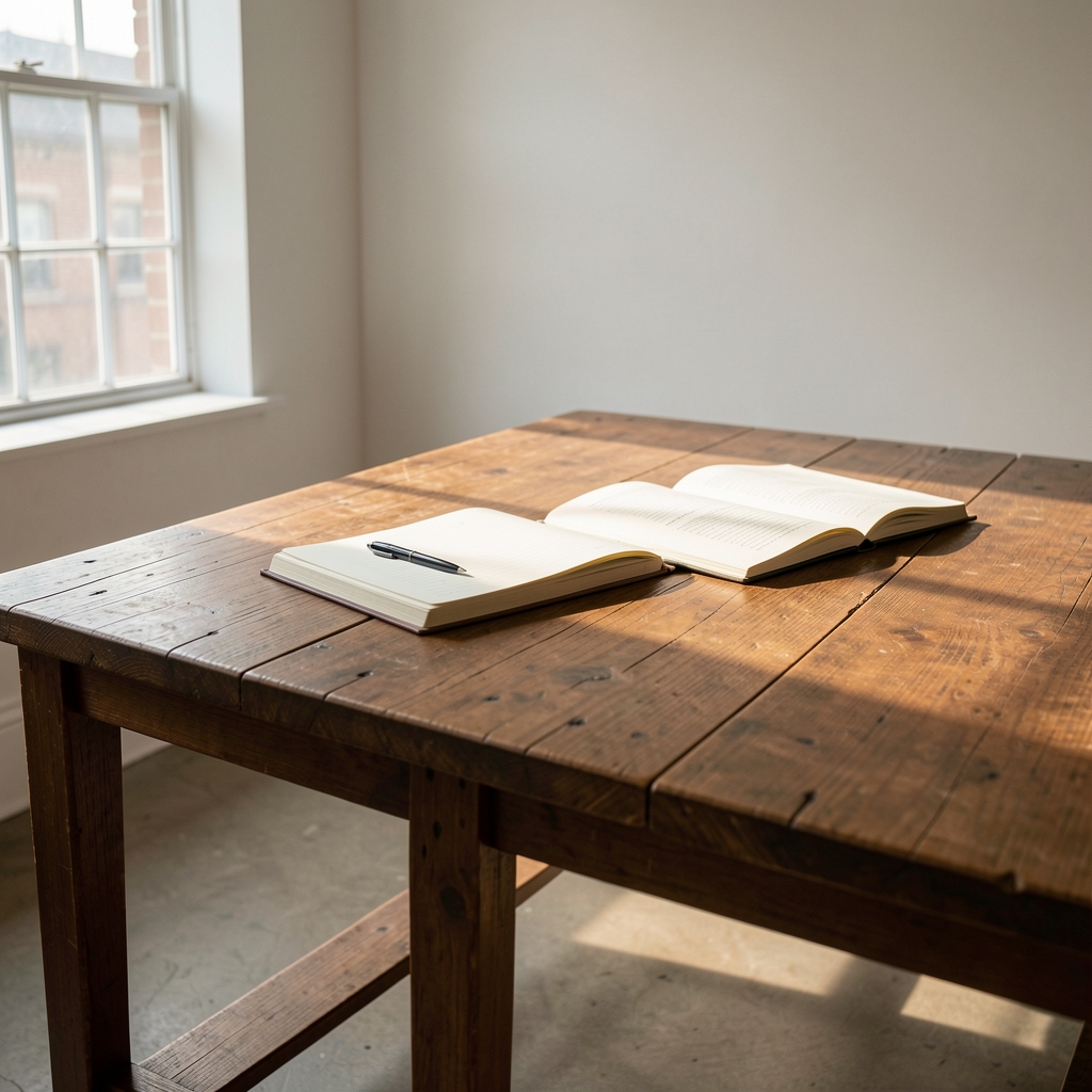 Open notebook on a pale wooden desk with handwritten food notes, morning daylight streaming through a window, pencil and ceramic cup nearby