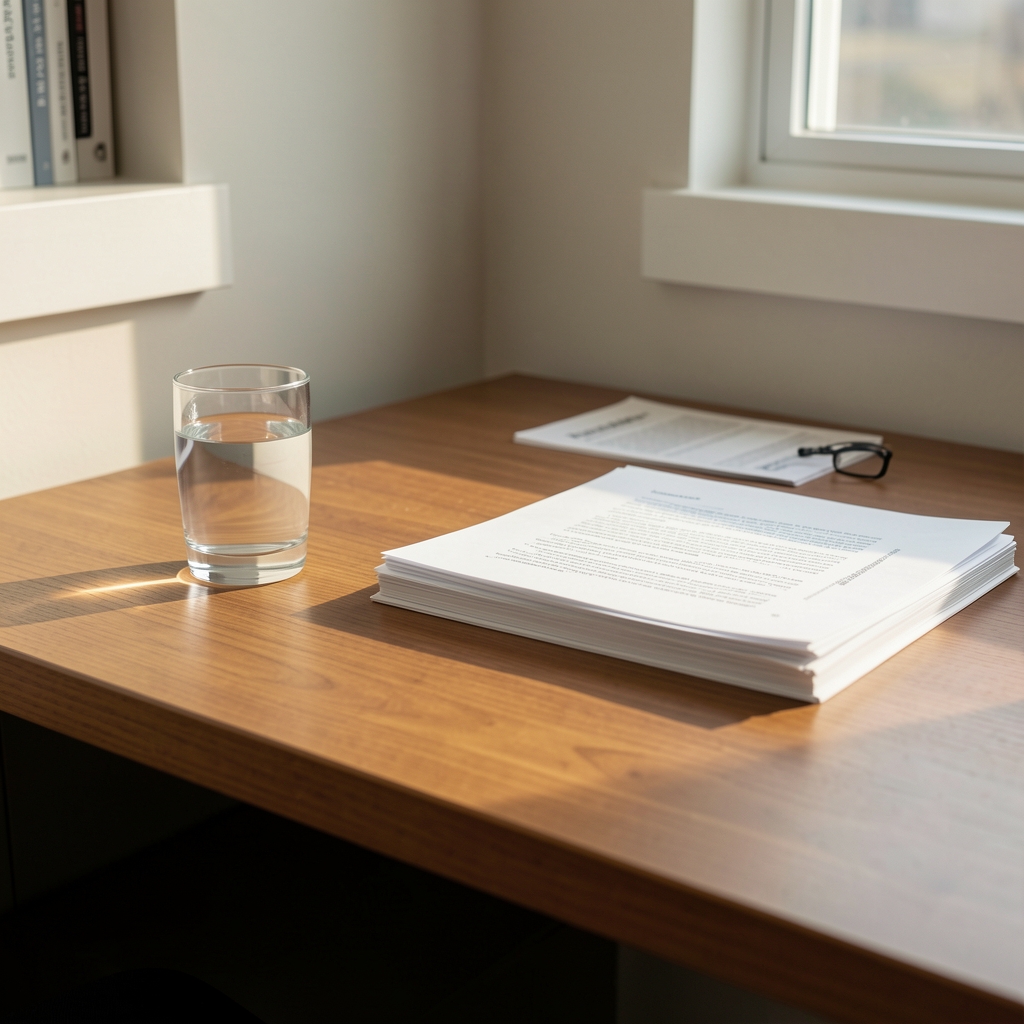 Corner of an editorial workspace with a glass of water, reading glasses, and a stack of printed research papers in afternoon light